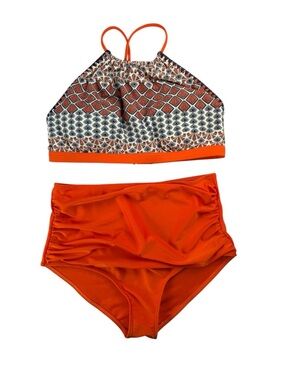 prAna Orange High Waisted Bikini Set M Boho Geometric Print Swim Beachwear